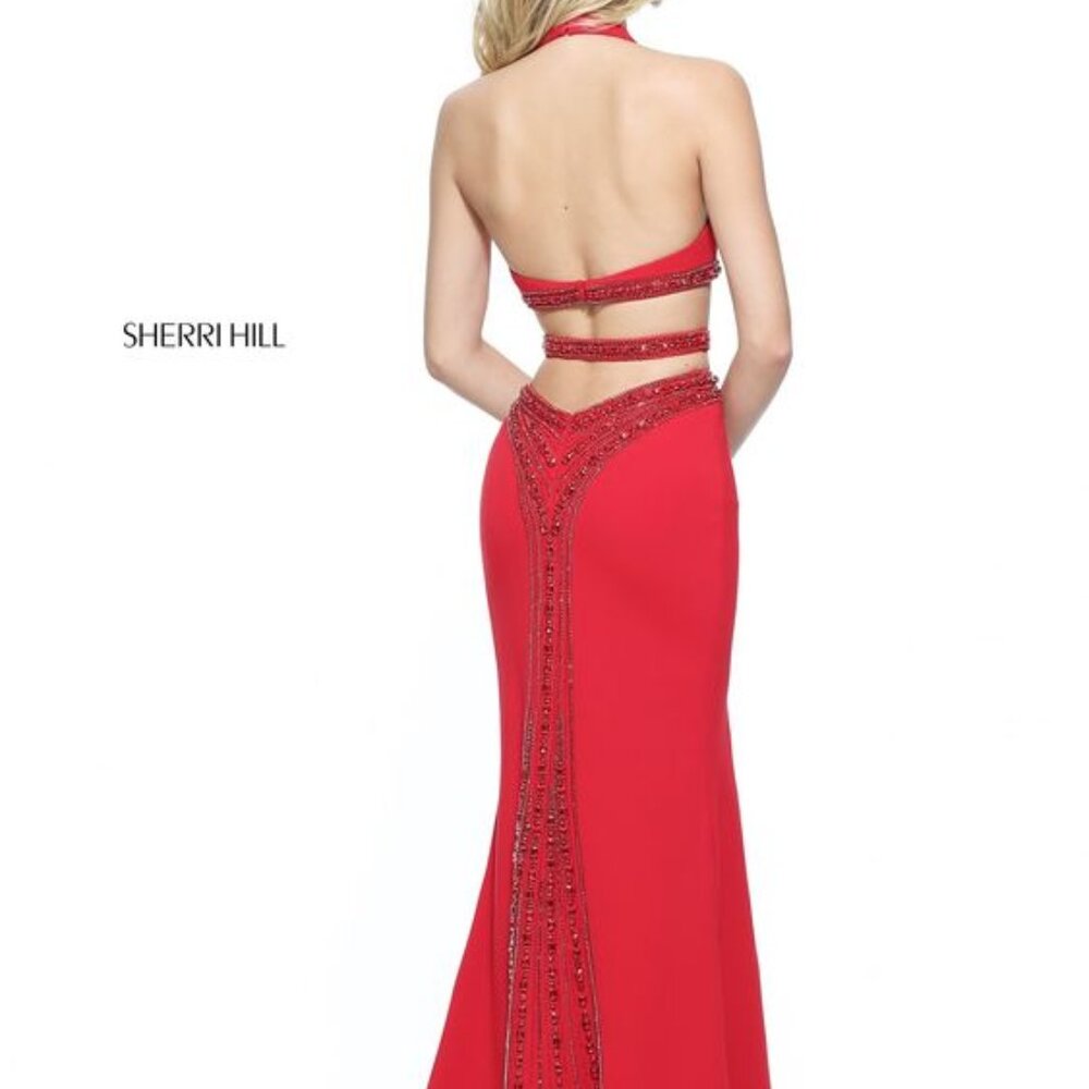Sherri Hill Red Dress Size 0 Style 50865 Backless Prom Halter Formal with Train